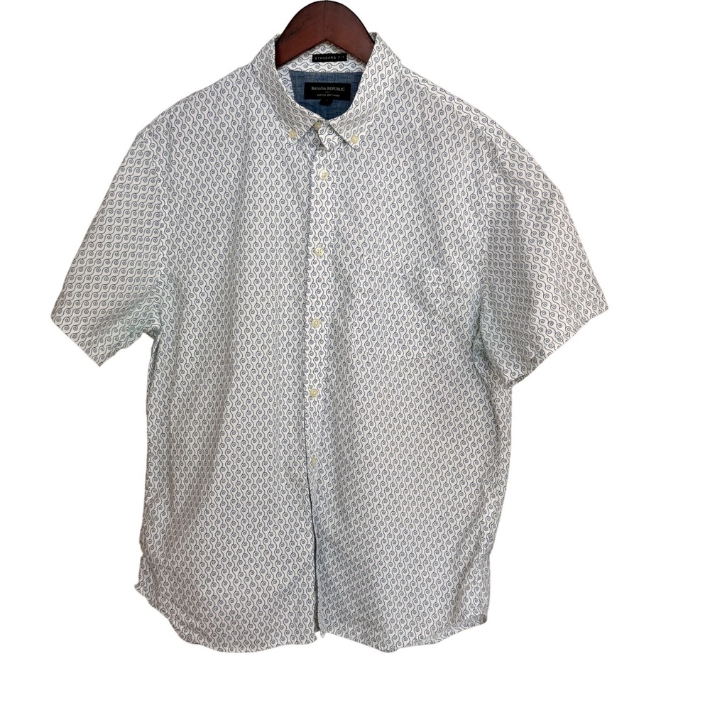 Banana Republic Button Down Mens L White Blue Cotton Stretch‎ Swirl Short Sleeve